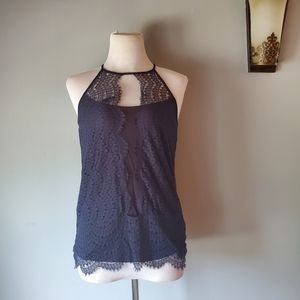 Anthropologie Navy Blue Delicate Lace Key Hole Small Top